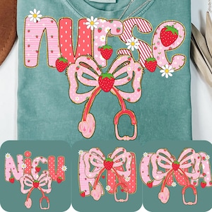 Infirmière chic avec noeud papillon et fraise pailletée png, jolies fraises florales png pour USIN/IA/AIIC, png de tous les jours, infirmière chic personnalisée, été
