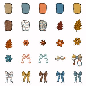 May include: A collection of digital stickers featuring rectangular shapes with various textures and patterns, autumn leaves, simple flowers, and decorative bows in shades of blue, brown, orange, and yellow, arranged in a grid on a white background.