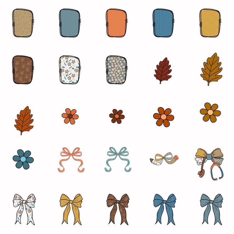 May include: A collection of digital stickers featuring rectangular shapes with various textures and patterns, autumn leaves, simple flowers, and decorative bows in shades of blue, brown, orange, and yellow, arranged in a grid on a white background.