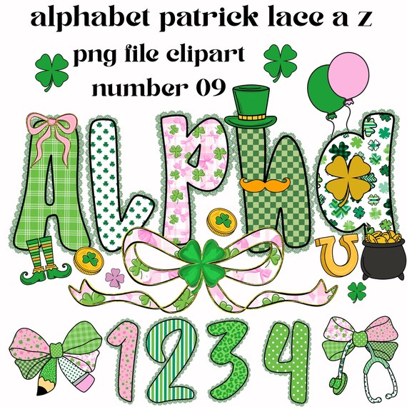 St. Patrick's Day Alphabet PNG | Green & Pink Lace Letters (Digital Download)