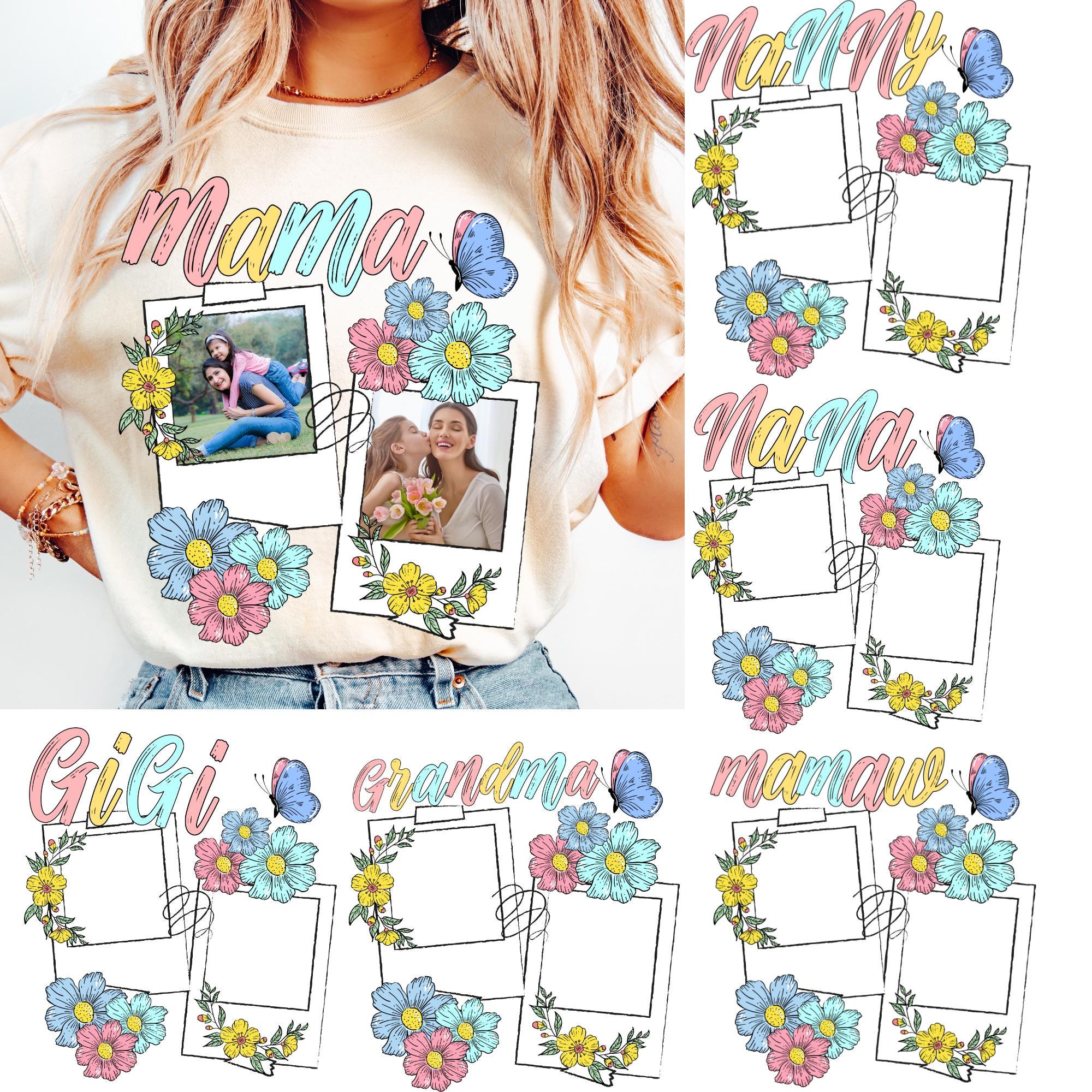 Personalized photo package of grandma, nanny, Gigi and kids (PNG), Mother's Day (PNG), Add photos, Floral bow design (PNG), gift for mom.