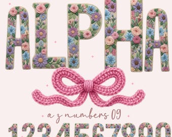 May include: Floral alphabet letters spelling "ALPHA" and numbers 1-9, with a pink knitted bow. The letters and numbers are decorated with colorful flowers. The text "alphabet flowers Cottagecore" and "a z numbers 09" is also present.