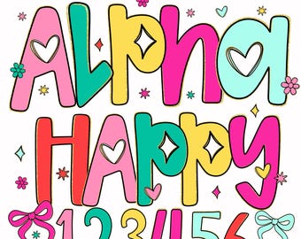 Retro Preppy Alphabet PNG Bundle | Pastel Letters & Numbers | Cheerful Clipart for Crafts  Sublimation