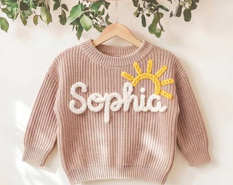 Personalized Chunky Knit Baby Sweater: 3D Hand-Embroidered Name Jumper