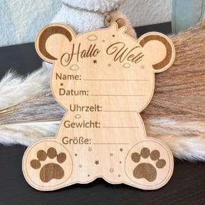 Panneau de naissance en bois personnalisable Hello World Teddy – Ours – Panneau de bienvenue pour bébé – Cadeau de naissance – Décoration pour séance photo