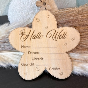 Hallo Welt Stern Personalisierbares Holz-Geburtsanzeige-Schild – Blume Baby Willkommensschild – Geschenk zur Geburt – Deko für Fotoshooting