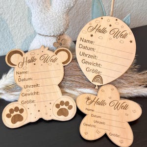 Letrero de madera personalizable "Hola Mundo" para anunciar el nacimiento (oso, globo, flor) - Bienvenida al bebé - Regalo de nacimiento - Decoración