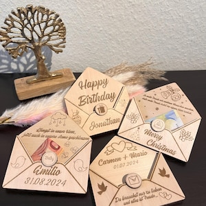 Personalisierte Holzkarte im Umschlag-Design – Geschenk mit Gravur für jeden Anlass Geburtstag Weihnachten Geburt Hochzeit