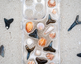 iPhone 15 Pro  Handmade Shark Tooth Sea Shell iPhone Case / Beige White Clear / seashell phone case / Fossilized Shark Teeth / Ocean coastal