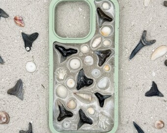 iPhone 16 Pro Handmade Shark Tooth Sea Shell iPhone Case / recycled plastic / seashell phone case / Fossilized Shark Teeth / Ocean
