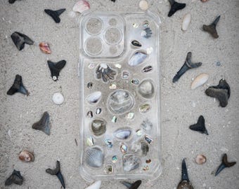 iPhone 16 Pro Max Handmade Shark Tooth Sea Shell iPhone Case / Beige White Clear / seashell phone case / Fossilized Shark Teeth / Ocean