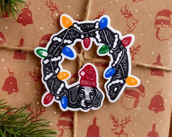 Funny Dachshund Doxie Christmas Wreath Sticker Vinyl Decal for Laptop, Stanley, Phone