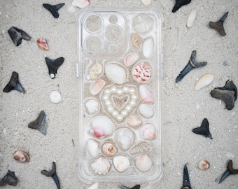 iPhone 15 Pro Max Handmade Shark Tooth Sea Shell iPhone Case / Beige White Clear / seashell phone case / Fossilized Shark Teeth / Ocean
