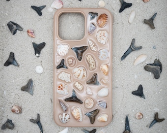 iPhone 14 Pro Max Handmade Shark Tooth Sea Shell iPhone Case / Beige White Clear / seashell phone case / Fossilized Shark Teeth / Ocean