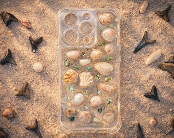 iPhone 15 Pro  Handmade Shark Tooth Sea Shell iPhone Case / Beige White Clear / seashell phone case / Fossilized Shark Teeth / Ocean coastal