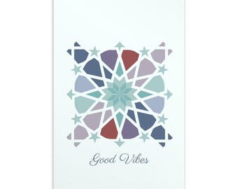 Postal imprimible digital con roseta de seis pliegues y colores arabescos