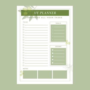 May include: A white planner with a green border and olive branch accents. The planner includes sections for to-do lists, goals, and urgent tasks. The text "MY PLANNER" and "ORGANIZE ALL YOUR TASKS" are displayed at the top. There are also sections for notes.