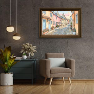 Charming Cobblestone Street French Village Digital Wall Art Print Provence Wall Decor European Landscape Cobblestone Street Colorful Houses