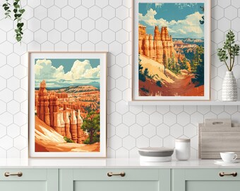 Bryce Canyon Utah reisposter National Park Wall Art Desert Hoodoos landschap vintage stijl afdrukbare muur kunst aan de muur downloaden digitaal