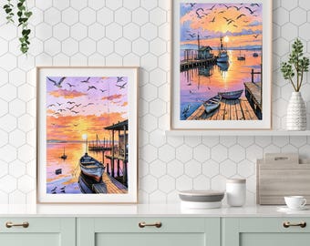 Watercolor Harbor Sunset Art Print | Nautical Seaside Scene (Digital Download)