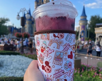 Theme Park and Friends Coffee Cozy - Fabric Iced Coffee Wrap - Cute Retro Cup Holder