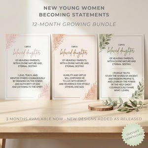 May include: Three rectangular printable cards featuring the text "I AM A beloved daughter OF HEAVENLY PARENTS, WITH A DIVINE NATURE AND ETERNAL DESTINY." Each card includes unique floral illustrations in soft pink, peach, and green watercolor tones.
