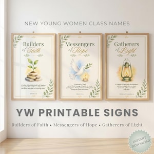 May include: Three framed wall signs titled Builders of Faith, Messengers of Hope, and Gatherers of Light. Each sign features watercolour illustrations of a plant on stones, a dove with a candle, and a lantern, with text and green leaf accents.