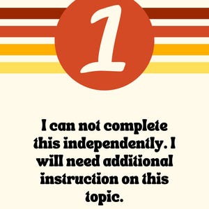 May include: A retro-style graphic with the number 1 in a white script inside a red circle. Horizontal stripes in shades of brown, orange, and yellow are behind the circle. Text below reads: "I can not complete this independently. I will need additional instruction on this topic."