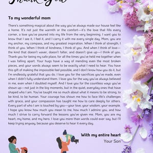 Carta de agradecimiento sincera para una mamá de parte de un hijo agradecido: PDF imprimible de recuerdo (flores moradas)