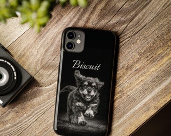 Estuche para teléfono negro con retrato de mascota personalizado, boceto a lápiz personalizado a partir de tu foto