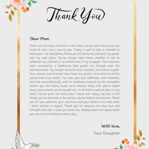 Carta de agradecimiento sincera para una mamá de parte de una hija amorosa: PDF imprimible de recuerdo