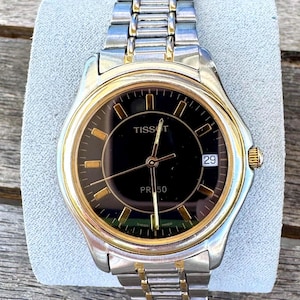 Vintage Tissot PR 50 Men's Watch Black Dial Sapphire Crystal 35mm Original Two Tone Bracelet