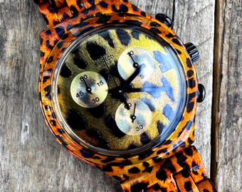 Vintage Swatch Irony Chronograph Orhanda YCB4027AG Leopard Print Aluminum Watch Working Swiss Quartz