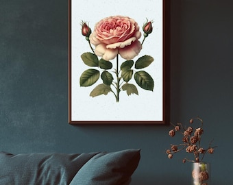 Vintage Rose Botanical Print, Watercolor Flower Art, Antique Floral Illustration, Shabby Chic Wall Decor, Cottagecore Home Decoration