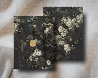 Anthea | Printable Vellum Jacket, Dark Moody Floral White Flower Vellum Wrap Digital Download, Wedding Invitation Sleeve, 5x7 Card Cover