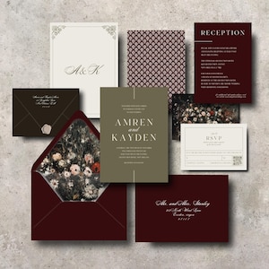 Amren | Wedding Invitation Suite, Dark Moody Colorful Floral Classy Green Wine, Printable Invitation Template, Editable, Envelope Liner