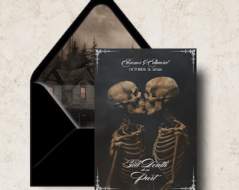 Till Death Do Us Part | Printable Wedding Save the Date, Dark Moody Gothic Goth Halloween Skeleton Wedding Announcement, Editable Invitation