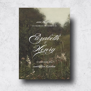 Nuala | Druckbare Hochzeit sparen das Datum, dunkle Stimmungsfeld stilvolle Hochzeitsankündigung, bearbeitbare Einladungsvorlage, klassische Einladung