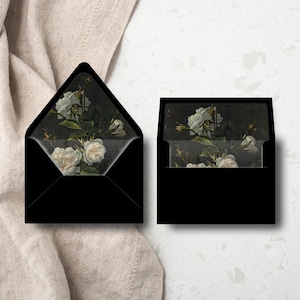 Anne | Printed Envelope Liners and Envelopes, White Wedding Rose Floral Painting