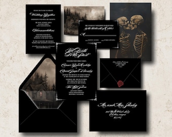 Till Death Do Us Part | Wedding Invitation Suite, Dark Moody Gothic Goth Skeleton Halloween, Printable Invitation, Editable Template