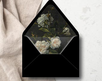 Anne | Printable Envelope Liner, Dark Moody Elegant Floral Painting, Euro Flap A7 A6 A2 A1, Euro Flap 5 & 6.5 Sq, Wedding Liner Insert