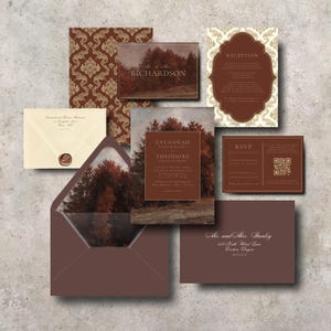 Herbst | Hochzeitseinladungsreihe, warmer Herbst Moody Bäume Edel Gold Kastanienbraun Rot, druckbare Einladung Vorlage, bearbeitbar, Umschlag Liner