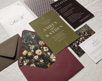 Amren | Printed Wedding Invitation Suite, Dark Moody Colorful Floral Classy Green Wine, Physical Wedding Invitations Envelopes & Liners