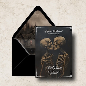 Till Death Do Us Part | Printed Save the Date, Dark Moody Gothic Goth Halloween Skeleton Wedding Announcement Invitation 5x7 Card Envelope