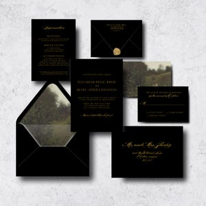 Conjunto de invitaciones de boda Nuala, pintura dorada oscura, plantilla de invitación imprimible, plantilla editable, tarjeta de detalles, RSVP, forro de sobre