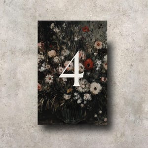 Amren | Cartões de números de mesa de casamento | Pintura a óleo floral escuro, temperamental, colorido, gótico, elegante, números de mesa elegantes | Recortes de números 5x7 4x6