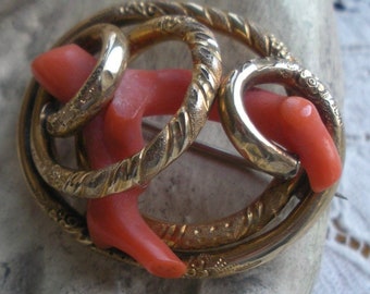 Victorian Coral Gold Fill Lovers Knot Brooch Exceptional Large