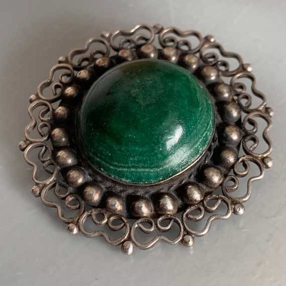 Mexico Sterling Green Stone Vintage Brooch