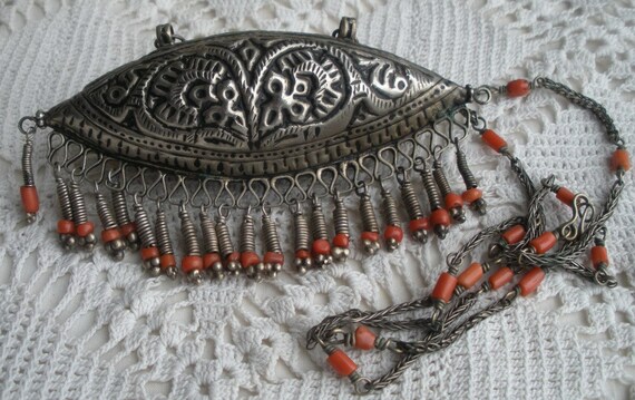 Coral Tribal Silver Pendant Necklace - image 2