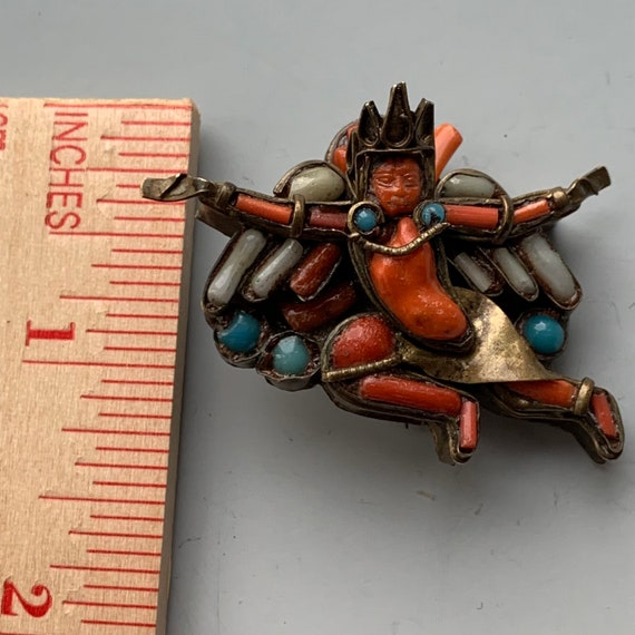 Vintage Nepal Buddha Coral Brass Signed Pin - image 6
